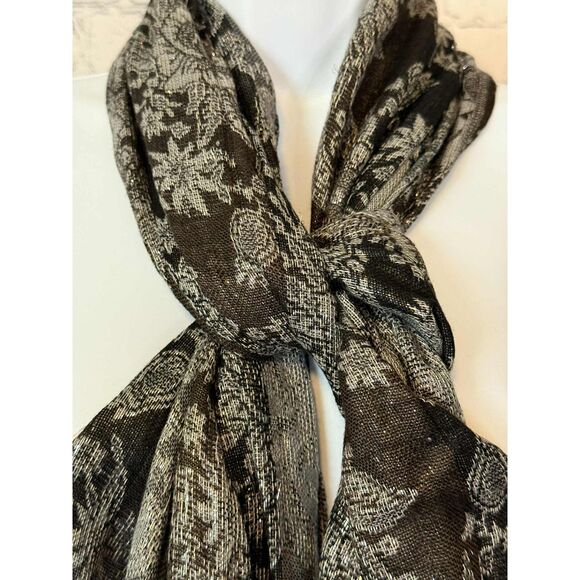 Sheer Long Lace Scarf Shawl Black Silver Glitter Stitching Fringe - Picture 3 of 9